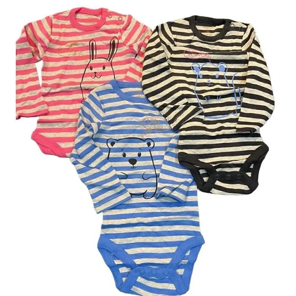 Baby Boy or Girl 12 - 18 Infant Striped Bodysuit Long Sleeve New Set Of 3 Gift